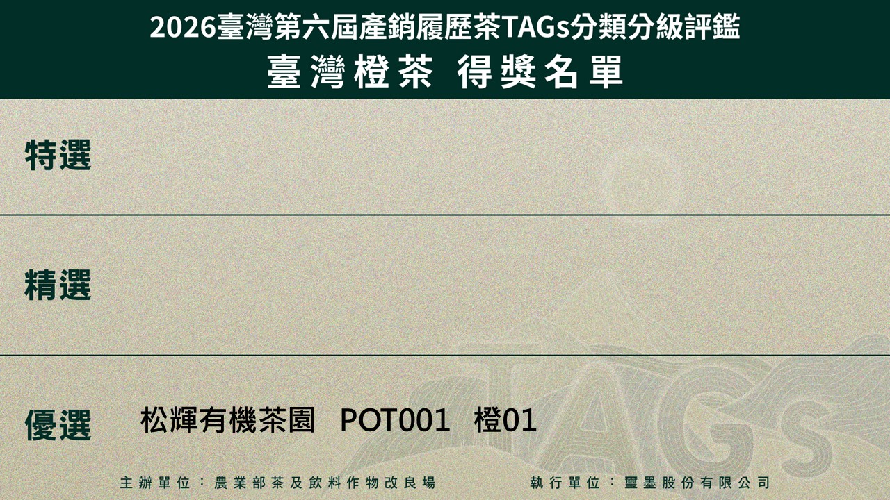 圖六、2026臺灣第六屆產銷履歷茶TAGs分類分級評鑑活動入選名單臺灣橙茶