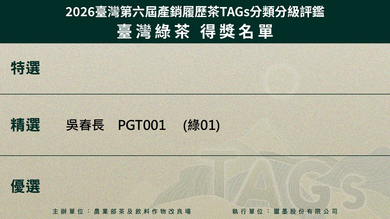 圖六、2026臺灣第六屆產銷履歷茶TAGs分類分級評鑑活動入選名單臺灣綠茶