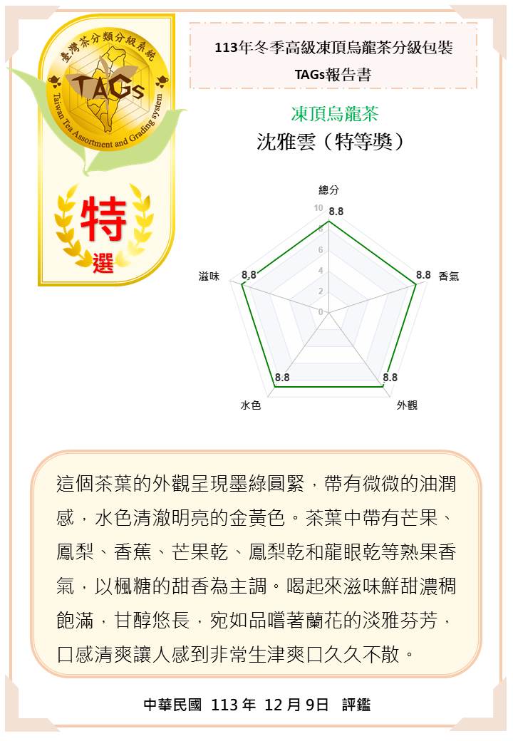 圖一、冬季高級凍頂烏龍茶特等獎TAGs報告書。