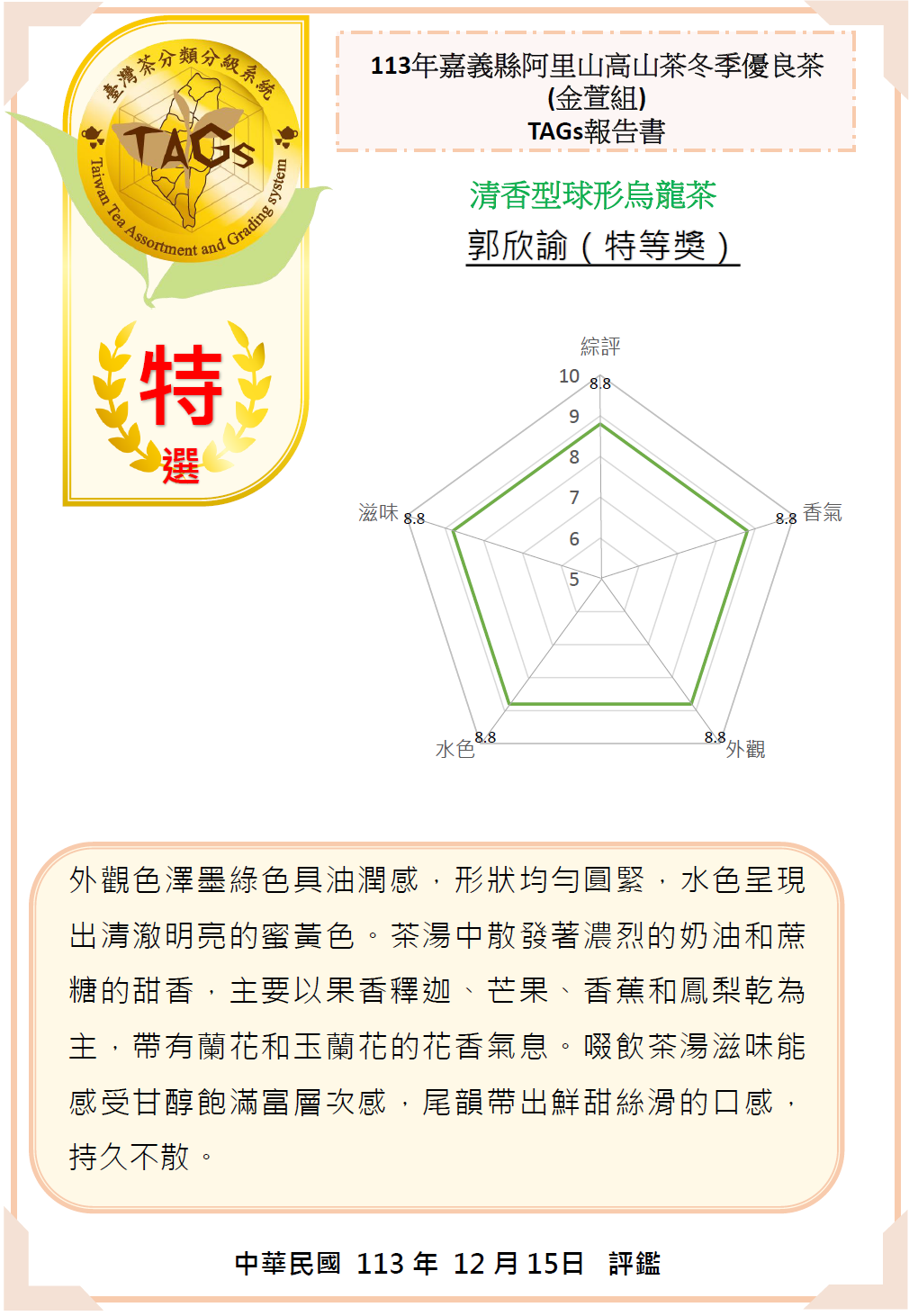 圖二、阿里山高山茶金萱組特等獎TAGs評鑑報告書。