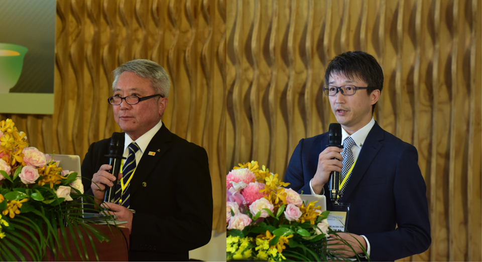 圖五、宮崎縣綜合農業試驗場茶業支場佐藤邦彥支場長分享宮崎縣茶產業的發展與創新 (左圖) 及川崎機工株式會社川崎洋助社長報告日本茶產業自動化的發展 (右圖)