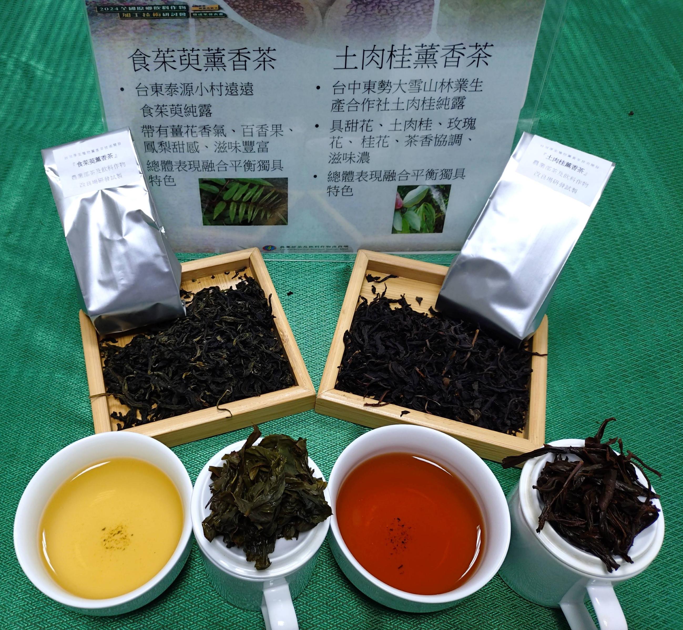 圖三、食茱萸薰香包種茶(左)及土肉桂薰香紅茶(右)研製產品茶乾及茶湯