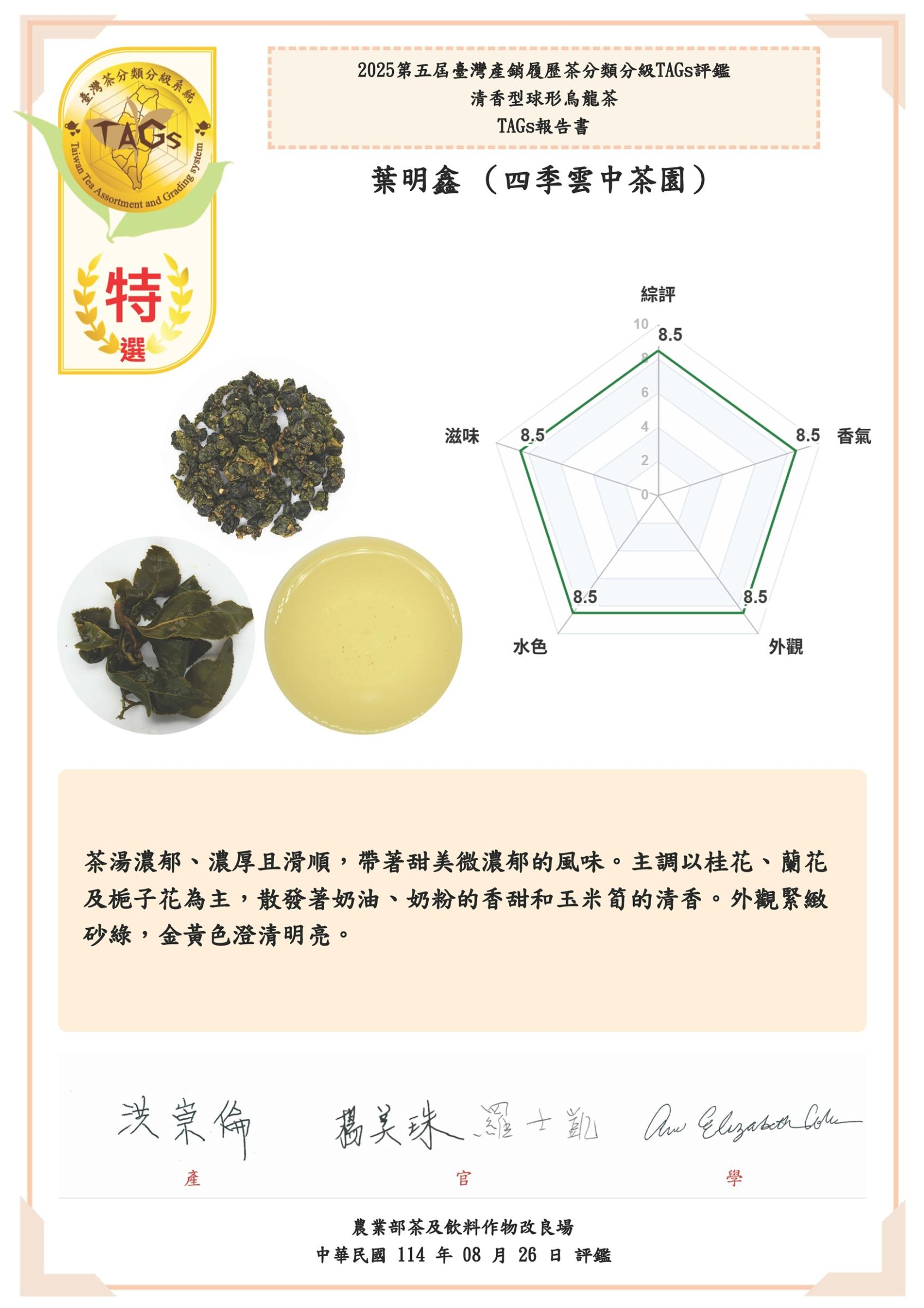 圖四、2025臺灣產履茶分類分級TAGs評鑑報告書特選