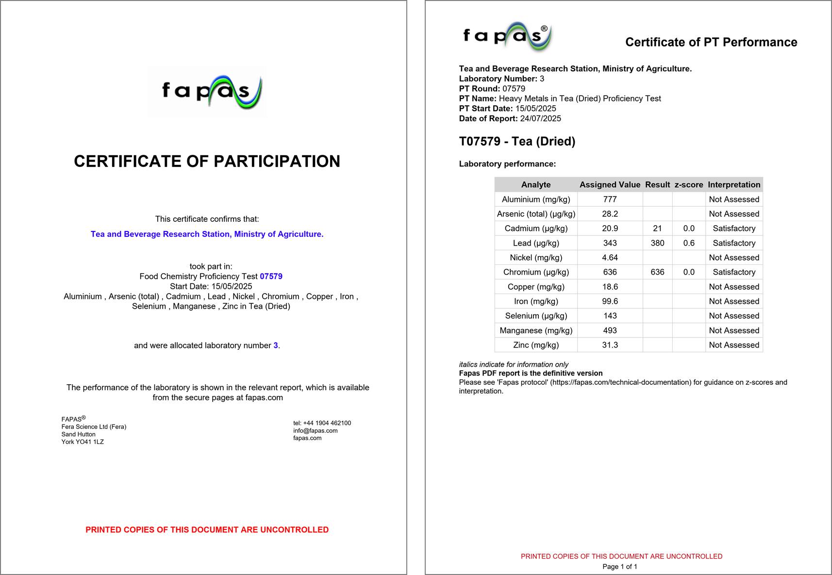 圖二、茶改場檢驗分析實驗室參加Fapas茶葉能力試驗結果