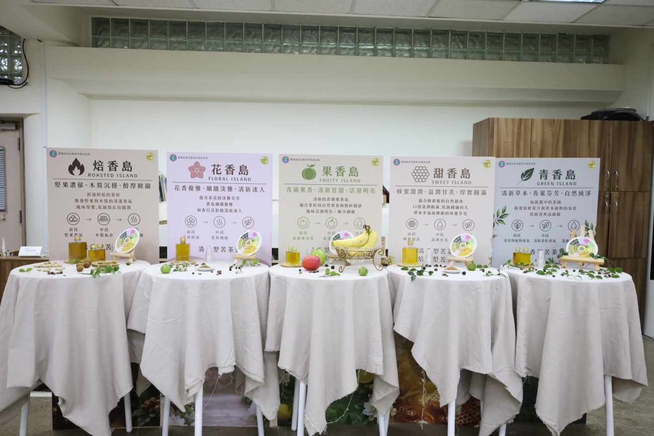 圖三、五大風味島青香、花香、甜香、果香、焙香苦茶油展示 圖三、五大風味島青香、花香、甜香、果香、焙香苦茶油展示