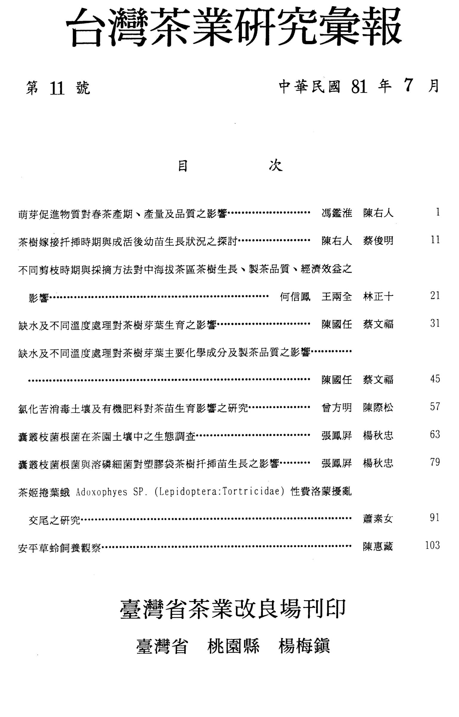 茶業研究彙報11期目錄