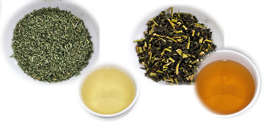 Fig. 2 The quickly extract Lemmon Marigold (left), Mint (right) leaves sample and tea liquid