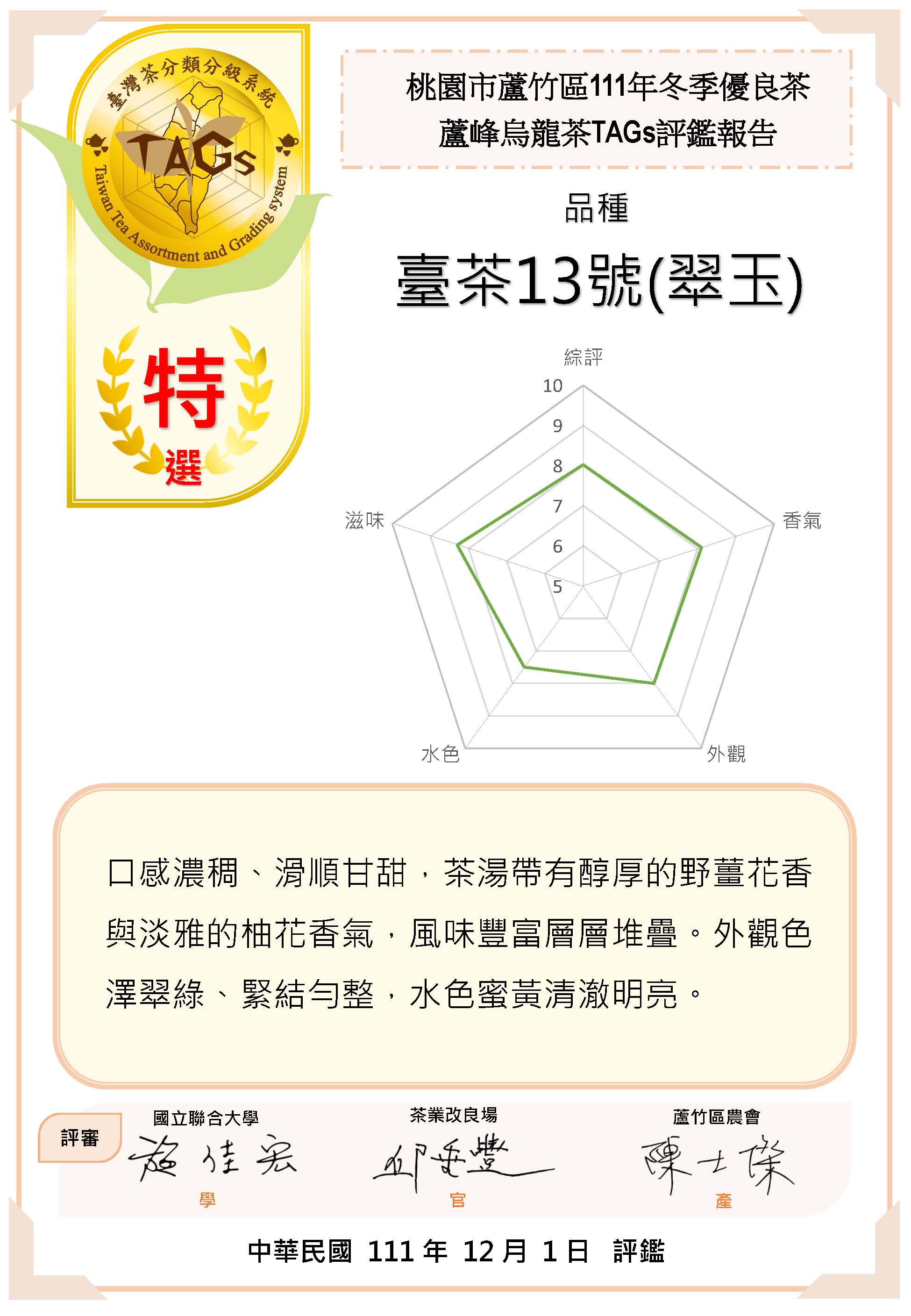 評鑑報告書-特選-臺茶13號(翠玉)